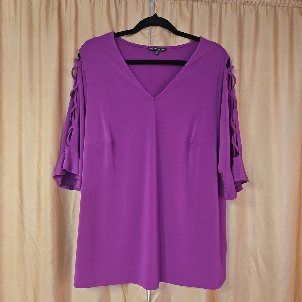 Adrianna Papell Magenta V-Neck Cold-Shoulder Blouse with Lattice Sleeves